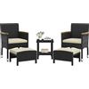 Soberine Set di 5 Mobili da Giardino in Rattan PE con 1 Tavolo in Vetro e 2 Poltrone e 2 poggiapiedi Set Mobili da Esterno per Balcone Terrazza Nero/Beige