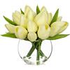 Oairse 14 piccoli fiori artificiali in vaso, tulipani finti realistici al tatto, in vaso di vetro cubo, con mini bouquet di tulipani color crema per casa, matrimoni, centrotavola, decorazione