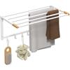 HOMCOM Portasciugamani a Parete Pieghevole con 5 Barre e 6 Ganci, Porta Salviette per Bagno, Lavanderia e Balcone in Bambù e Acciaio, 60x32.5x20 cm, Bianco