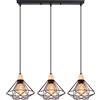 iDEGU 3 Luci Lampadario a Sospensione Vintage Industriale, Lampada da Soffitto in Legno e Metallo Nero Gabbia Geometrica 22cm Retro Lampada a Sospensione Interni per Camera da Letto Cucina (Piatto)