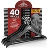 Eurocali 40 Grucce Appendiabiti in Legno Nero per Giacche Camicie Vestiti Abiti - RealGruccia Tacche Antiscivolo Barra porta Pantaloni e Gancio Girevole 360° - Profilo Smussato e Finitura Lucida - 22x45cm