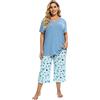 Vozanet Pigiama da donna con scollo a V morbido e capri pj lounge set cartone animato a forma di cuore gatto notte grande, Florals-blu, 4XL