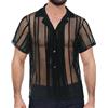 AIEOE Camicia a maniche corte da uomo Camicia casual con bottoni Camicia trasparente Camicia a strisce vuote Camicia estiva in rete trasparente Polo tinta unita nera