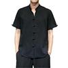 HongYunoH Camicia da Uomo in Stile Cinese con Bottoni a Forma di Rana Camicia in Lino retrò con Colletto alla Coreana Camicie in Lino di Cotone a Maniche Corte Hanfu Nero M