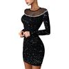 HHMY Abito di Natale da donna, invernale, con brillantini, tinta unita, a contrasto, leopardato, a pois, in pizzo, sexy, elegante, da sera, da cocktail, da ballo, a maniche lunghe, G01-nero, M