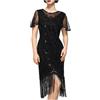 Generisch Abito da donna anni 1920 - Abito flapper con frange e paillettes, elegante abito da cocktail vintage, abito oversize in mesh per la festa di Gatsby, O nero., XL