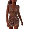 Generic Abito corto da donna sexy con scollo profondo a V trasparente dorato gluteo abito a maniche lunghe abito da sera da donna maxi abiti per l'autunno, Oro, S
