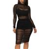 ThreeH 3 pezzi da donna sexy outfit in rete trasparente midi abiti crop canotte pantaloni corti sottili per clubwear, Nero , M