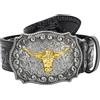 YCMI Cintura da uomo in pelle da cowboy occidentale, con fibbia a forma di toro lungo, con incisioni floreali, nero, for 27-32 waist