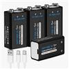 FLSTOR 4 batterie ricaricabili agli ioni di litio da 9 V, 3800 mWh, per rilevatori di fumo, dispositivi di sicurezza, allarmi CO, telecomandi, elettronica domestica con cavo di ricarica