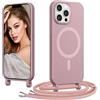 Coiwxmoi Magnetica Cover per iPhone 11 Pro con Cordino Regolabile, [Compatibile con MagSafe] Custodia con Collana Tracolla Laccio Collo Liquido TPU Silicone Lanyard Antiurto Case, Rosa