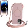 FMPCUON FNPCUON Cover Magnetica Silicone per iPhone 14 Pro con Cordino,Compatibile con MagSafe,Custodia con Laccio Collana Tracolla Collo Sottile TPU Antiurto Protettiva Case con Corda.Rosa