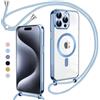 SLWYF Magnetica Cover per iPhone 15 Pro Max con Cordino, Compatibile con MagSafe, Trasparente Morbido Custodia Paraurti Antiurto, Antigraffio Protettiva Case con Corda Collana Tracolla Laccio, Blu