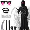YIBEBE Costume da Mietitore per Bambino Adulto: Costume Halloween Fantasma Spaventoso Morte Costume con Occhiali Falce Catena Cintura per Halloween Cosplay