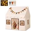 HOMASIS Tenda per Bambini con 3 Finestre e 1 Porta in Rete, Casetta da Gioco con Luci a LED, Bandierine da Appendere e Tappetino Imbottito, Capanna per Bambini da 3+ Anni, Beige