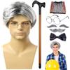 Generic Costume da nonno, parrucca e baffi del nonno, set parrucca artificiale sopracciglio cappello occhiali parrucca uomo | parrucca anziano, occhiali a bastone, sopracciglia finte, baffi, papillon