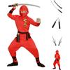 CARTOON VESTITO CARNEVALE + ACCESSORI RED DRAGON NINJA COSTUME NUNCHAKU SPADA GIAPPONESE CON FODERO SPADA SAI TRAVESTIMENTO (8/10 ANNI)