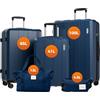 Vallsero Set di valigie, trolley, valigia da viaggio, 5 pezzi, ABS, lucchetto TSA, include 1 borsa da viaggio e 1 beauty case, 4 ruote, manico telescopico in alluminio, Blu scuro, Set di valigie di