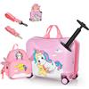 RELAX4LIFE Set Valigia Cavalcabile/Trolley per Bambini 18'' con Zaino 12'', 4 Ruote Girevoli, Maniglia Retrattile 56cm, 2 Cingie Multiuso, Zaino: 26x30cm/Trolley:47x26,5x36,5cm (Rosa)