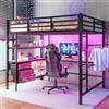 Wyibwy Letto a soppalco 140x200 cm con luci LED,presa + USB,metallo letto a castello matrimoniale 140x200 con scrivania e 3 cassetti,letto con ripiani, ringhiera, scale,senza materasso,nero