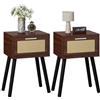 YMYNY Set di 2 Comodini, Tavolino con Cassetto decorato in rattan fatto a mano, Maniglia magnetica, Gambe di legno massiccio, 35×27×53cm, Comodino per Camera da Letto, Soggiorno, Noce HST010LW-2