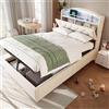 Wyibwy Letto imbottito per bambini,90x200cm,3 USB+C,illuminazione a LED,contenitore idraulico,contenitore e tasche laterali,multifunzionale,letto singolo in velluto,senza materasso,Beige