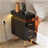 Ztexkee Comodino Stretto con presa e striscia luminosa a LED, Comodini Stretto Tavolino sottile con gambe Comodino con 3 cassetti e 1 scomparto scorrevole per camera da letto, soggiorno, Nero