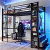Huayz Letto a soppalco in metallo, 90 x 200 cm, con striscia LED, funzione di ricarica USB, scrivania, telaio in ferro, cassetti, per bambini e ragazzi, letto a castello, senza materasso (nero, 90 x