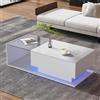 KOMHTOM Tavolino salotto bianco con piano in vetro Tavolino basso da salotto, tavolino da caffè a LED con cassetto Tavolino moderno Mobili da soggiorno (bianco)
