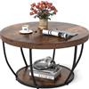 COSTWAY Tavolino da Caffè Rotondo a 2 Ripiani, Tavolo da Salotto in Legno con Struttura in Metallo, Tavolino Soggiorno Industriale con Piedini Regolabili, 80 x 80 x 45 cm (Marrone scuro)