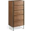 AC ANGEL CERDÁ Angelo Cerdá - Chifonier in legno di noce e vetro temperato - Cassettiera stretta e alta con cinque cassetti e chiusura soft-closing - Sinfonier moderno