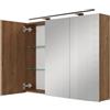 Planetmöbel ARIA Armadio a specchio con illuminazione, 100 x 70 x 16 cm, Armadietto da bagno sospeso con specchio, Rovere dorato, con lampada e presa elettrica, per bagno ospiti