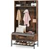 HOMASIS 4 in 1 Stand Appendiabiti da Terra, Mobile Ingresso con Scarpiera, Cassetto, Panca per Scarpe, 2 Scomparti e 3 Ganci, Armadio Aperto da Corridoio, Camera da Letto, 90 x 39 x 170 cm (Marrone)