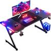 HLFURNIEU Scrivania Gaming LED 160 x 60 cm, Scrivania Gamer con Piano in Fibra di Carbonio, Postazione Gaming Ergonomico con Porta Bicchiere e Gancio per Casco, Tavolo Computer Nero