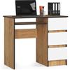 AKORD | Scrivania A-6 con Ripiano per Tastiera | Office Desk | 3 Cassetti a Destra | Scrittoio per Ufficio | Per Computer PC Laptop | 90x77x50 cm | 30 kg Rovere artigianale|bianco