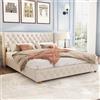 PUGSDRLY Struttura per Letto Matrimoniale 160x200 con Rete a Doghe, Letto a Due Piazze con Testata Imbottitura, Tessuto di Lino, Design con Rivetti, Piedi in Legno, per Bambino Adolescente Adulto