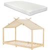 [en.casa] Letto per Cameretta a Forma di Casetta con Tettuccio in Tessuto + Materasso a Sciuma Fredda 90x200 cm Letto Singolo per Bambini Struttura in Legno di Pino color Naturale
