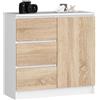 AKORD | Cassettiera K-80 JERRY con 3 Cassetti | Armadio Cameretta con 2 Ripiani e 1 Anta | Moderna Mobiletto per Soggiorno | Moderno | 80x77x35 cm | Bianco + Frontale Rovere Sonoma