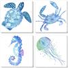 WHGBDY Acquerello Mare Animali Quadri su Tela Parete Arte Mare Tartaruga Cavalluccio Marino Granchio Medusa Blu Oceano Tema Bambino Scuola Materna Ragazzo Camera Parete Decorazioni Senza Cornice 30×30cm×4
