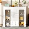 Merax Credenza bianca con parte anteriore lucida e ripiani in vetro - Cassettiera per soggiorno, sala da pranzo e cucina, 95 cm - Mobile moderno multiuso
