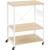 WOLTU Scaffale da Cucina con Ruote, Carrello Cucina a 3 Livelli, Scaffale per Microonde con 4 Ganci, Carrello da Bar con Struttura in Metallo, Bianco + Effetto Legno, 60x40x82,5 cm