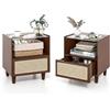 COSTWAY Set di 2 Comodini da Camera da Letto, Comodini in Bambù e Rattan con Piano in Vetro e Cassetto, Comò Salvaspazio per Salotto e Soggiorno, 43 x 35 x 50 cm (2, Marrone)