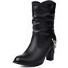Galindopia Pleated Stivali Slouch Ankle High Block Heel Dressy Motorcycle Stivaletti Heels Fibbia Belt Rivetti Chain Stivali Combattimento Plus Matte-Black Size 38