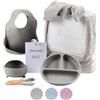 BebeDeParis Regalo ecologico personalizzato per bambini | stoviglie in silicone e bavaglino ricamato con nome + biologico | fatto a mano in Spagna (Grigio | Set di Piatti + Coperta) | BebeDeParis