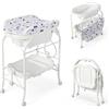 COSTWAY Fasciatoio con Vaschetta Bagnetto 2 in 1, Vasca da Bagno Pieghevole per Bambini, Fasciatoio con Materassino, Cestino Portaoggetti, Ruote con Freno, Portata 35kg+15kg (Bianco)
