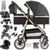 Veitoalioy Passeggino 3 in 1 Trio Neonati, Per Neonato 3 in 1 Passeggini, Paesaggio alto Carrozzino multifunzione, Passeggino Pieghevole Telaio in Alluminio (V8 BlackGold)