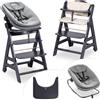 hauck Seggiolone Evolutivo Legno Beta + Newborn Set Highchair Bouncer 3in1 - Dalla Nascita Con Sdraietta Neonati Dondolo, Cuscino e Vassoio - (Grigio scuro)