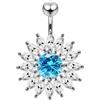 Monster Piercing AZARIO LONDON Piercing per ombelico in argento Sterling 925 con pietra rotonda in zirconia cubica con motivo a fiore di sole borchiato, Cristallo, Zirconia cubica