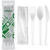 MAQA 100 Tris Posate Compostabili in CPLA Imbustate Singolarmente + Tovagliolo 2 Veli - Set Coltello, Forchetta, Cucchiaio Certificati, 100% Riutilizzabili