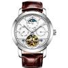 Haonb Orologi Da Polso,Orologio Meccanico Automatico Impermeabile A Fasi Lunari Impermeabile Con Fasi Lunari, Pelle Marrone Bianca